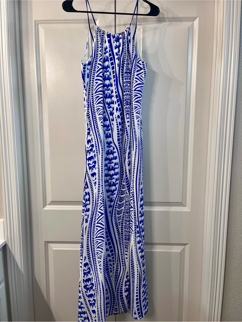 Pink Owl Blue & White Printed Spaghetti-Strap Maxi Dress
